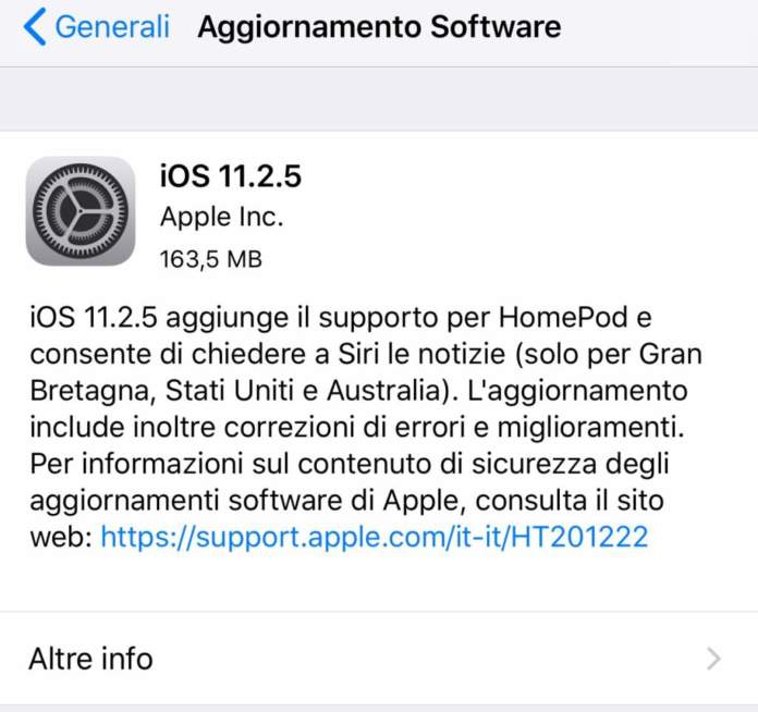 iOS 11.2.5 aggiornamento software per iPhone e iPad