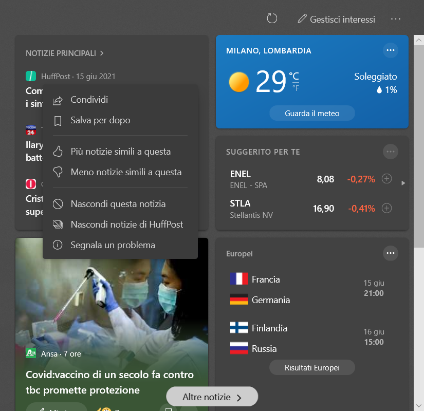 Windows 10 Notizie e interessi